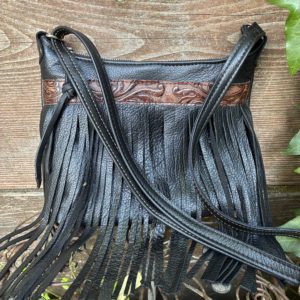 Black leather fringe bag