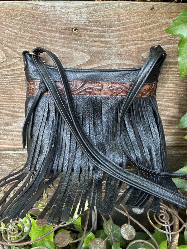 Black leather fringe bag
