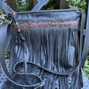 Black leather fringe bag